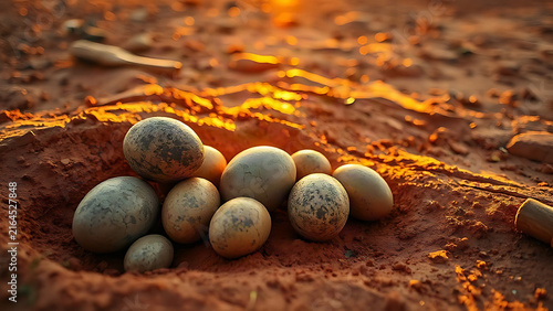 Archaeological dig site with fossilized dinosaur eggs at golden hour.