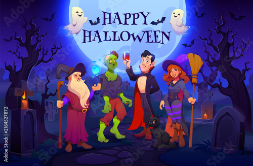 Фотография Halloween festive greeting card with holiday characters and monsters, cartoon vector