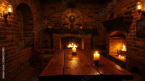 Dim brick tavern interior with fireplace flames and candle wax.
