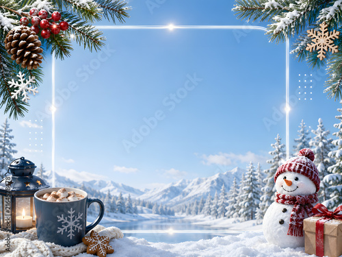 Festive Winter Frame with Snowman and Hot Cocoa in Mountain Landscape
