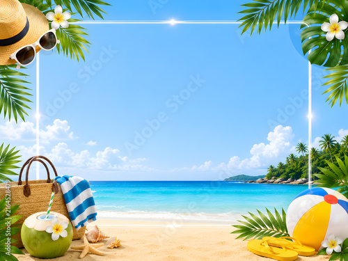 Tropical Beach Vacation Background with Summer Accessories and Empty Frame
