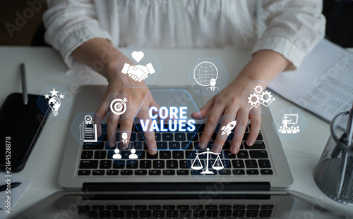 Принти на полотні Hands Typing on Laptop with Core Values Concept, Icons and Symbols Related to Business Ethics, Teamwork, Innovation and Success in Modern Work Environment Fluxor