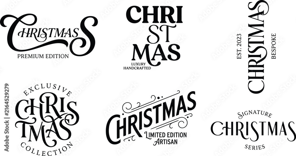 Fototapeta premium Merry Christmas typography lettering set, luxury holiday text logo, elegant vintage badges