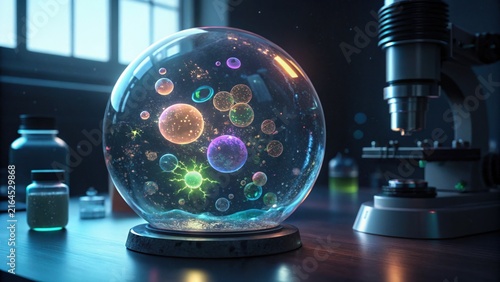 Glowing Microbial Ecosystem Inside a Crystal Sphere with Colorful Shapes