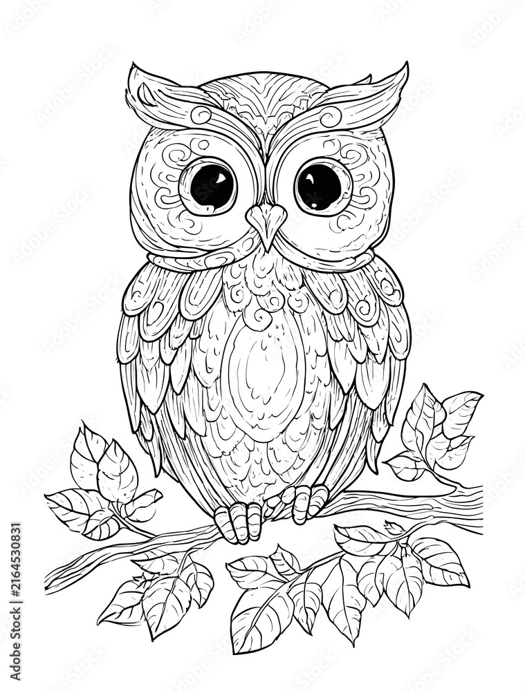 Fototapeta premium Owl On A Branch Coloring Page. Mandala animal art drawing