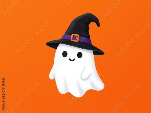 Cute little ghost wearing a witch hat for halloween celebration