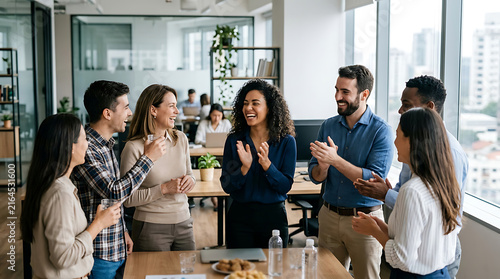 Diverse Professional Team Celebrating Success Together During Collaborative Office Meeting in Modern Workspace