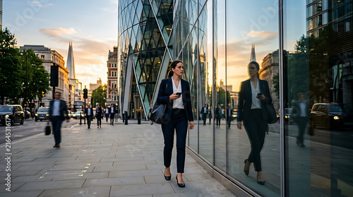 Confident Professional Businesswoman Walking Through Modern City Financial District During Golden Hour Sunset
