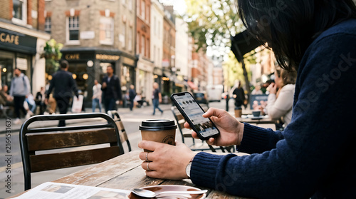 Close up of a person using a mobile phone and holding a coffee cup at a sidewalk cafe in the city