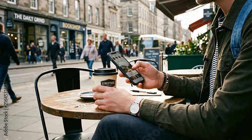 A man sits at an outdoor cafe table in a busy city center, holding a takeaway coffee cup while using his mobile phone to check his daily schedule