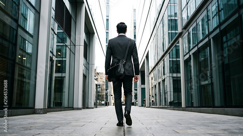 Confident businessman in a dark suit walking between towering glass skyscrapers in a modern financial district