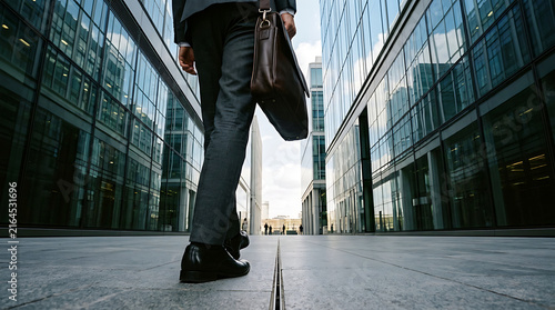 Faceless Business Professional Walking Through Modern Corporate Architecture District