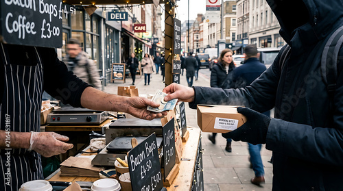 Faceless customer purchasing street food and coffee from a vendor at an outdoor city market stall