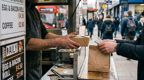 Street food vendor handing over a paper box with lunch to a customer in the city