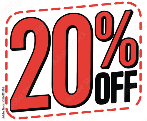 Foto Red 20% off discount sign with dotted black border for promotional sales, retail