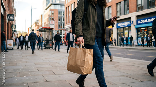 Faceless person carrying shopping bag and smartphone while walking on busy city sidewalk