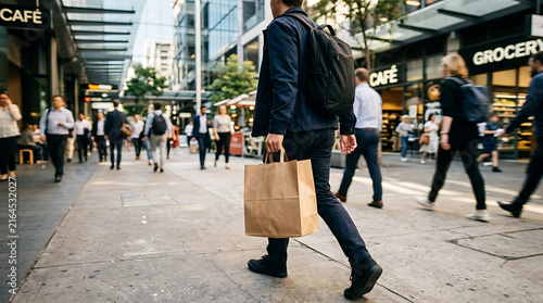 A person walking with a paper shopping bag on a busy city street among a crowd of people