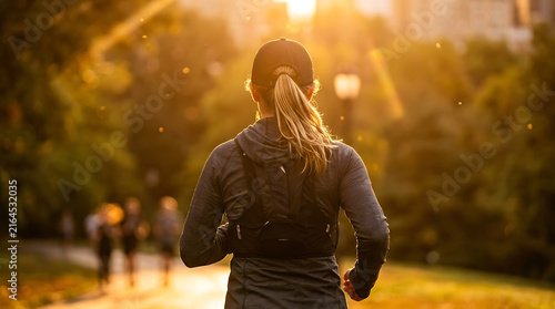 Young Woman Jogging Through a Scenic Public Park During a Golden Sunset for Health and Wellness