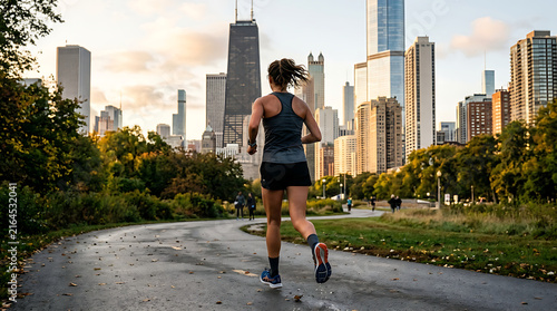 Young Fit Woman Jogging on a Scenic City Park Path During Sunset With Skyscraper Views