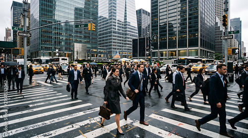 Busy Professionals Crossing a Bustling City Street Intersection During the Morning Rush Hour in a Dense Urban Business District
