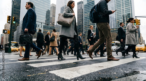 Professional Office Workers Crossing a Busy City Street in the Financial District Center