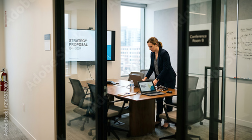 Professional businesswoman preparing a presentation for a meeting inside a modern glass-walled corporate conference room workspace