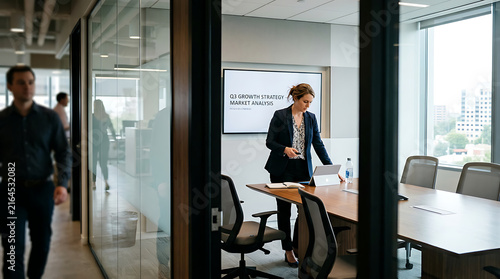 Businesswoman presenting in a modern office meeting room viewed through glass partition with colleague walking by