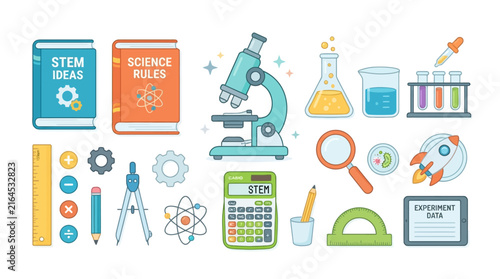 Hand-Drawn STEM Education Supplies Collection Featuring Scientific Tools and Mathematical Instruments on White Background