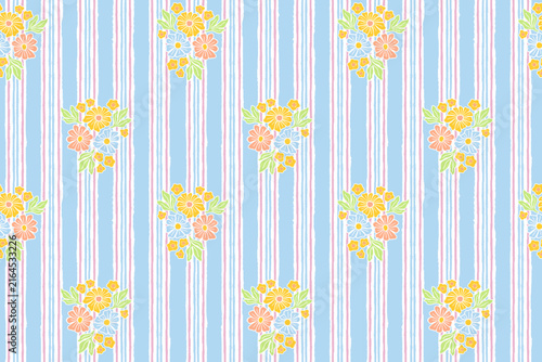 Vintage floral seamless pattern, pastel flowers on stripes background for textile fabric and wallpaper design