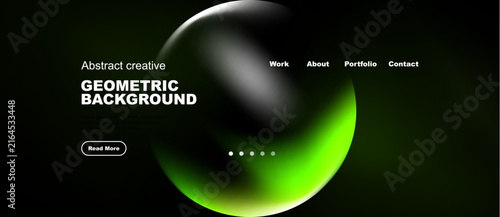 Dark background features vibrant green, white shapes. Text includes geometric background, navigation options, button. Minimalist design.