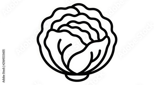 Vegetable - Simple Black and White Line Art Icon of a Round Cabbage Head with Layered Leaves