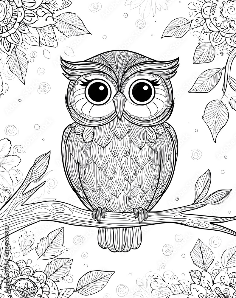 Fototapeta premium Cute Owl Perched On A Tree Trunk Mandala Animal Coloring Page Vector