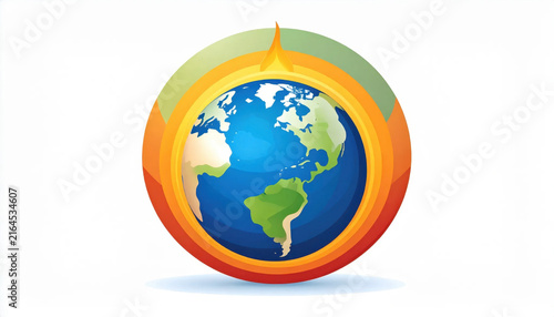 Globe icon in orange ring with flame concept, environmental symbol