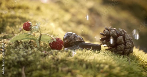 Close-up wildlife of a and wild strawberries and snail in heavy rain in the forest. Shot on super slow motion camera 1000 fps.