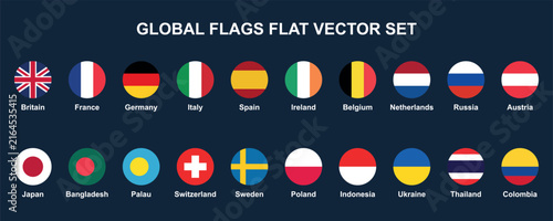 World Country Flag Icon Set, Round Flat Circular National Flags of Twenty Nations Vector Illustration