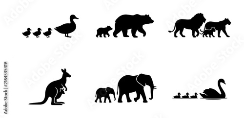 70 Animal Family Silhouettes: Parent and Child Pairs, Ducklings, Kangaroo, Elephants, Lions, Bears, Swans, Vector Graphics 100