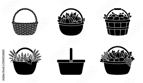 Foto 70 Harvest Baskets Vector Icons, Autumn Produce Containers, Rustic Farm Goods Co
