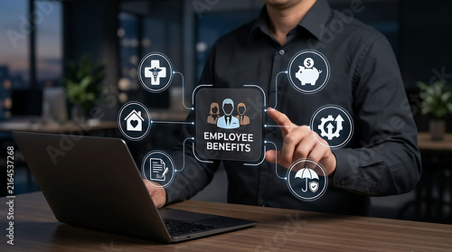 Businessman interacting with employee benefits digital hologram touch interface