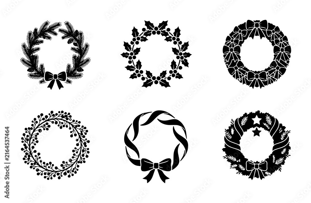 Fototapeta premium 70 Set of 6 Black Christmas Wreaths, Festive Holiday Decorative Elements, Winter Celebration Icons, Seasonal Greeting Vector Graphics 100