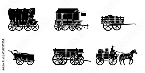 70 Vintage Wagon Collection, Horse-Drawn Cart Icons, Old West Transport Silhouettes, Historical Vehicle Graphics 100