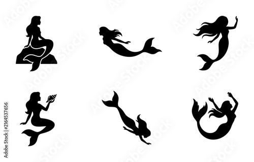 70 Set of 6 Black Silhouette Mermaid Icons, Mythical Sea Creatures, Fantasy Ocean Characters, Underwater Fantasy Vector Graphics for Design 100