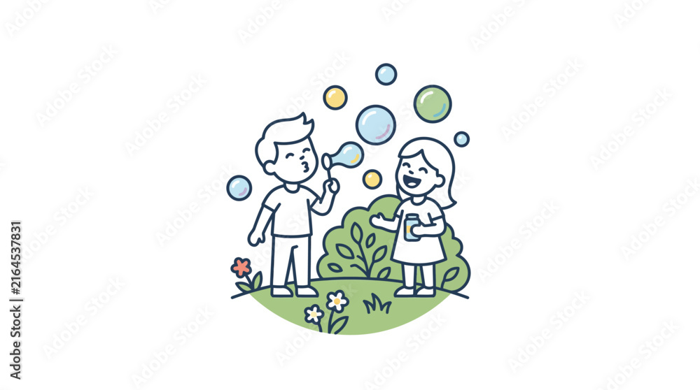 Fototapeta premium Children Playing with Bubbles in Garden.