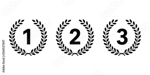 Laurel wreath icons featuring numbers one two and three for first second third place awards, ranking, achievement, and victory