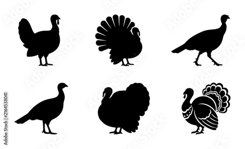 70 Silhouette Turkey Icons, Vector Graphics Set of Six Diverse Bird Poses, Farm Animal and Thanksgiving Holiday Symbols 100