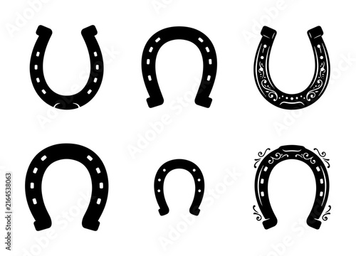 70 Set of Six Black Horseshoe Vector Icons, Lucky Charm Symbols, Western Equestrian Gear, Good Fortune Talismans, Metal Horse Shoes, Vintage Style 100
