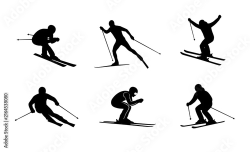 70 Six Silhouette Skiers, Winter Sports Action, Alpine Snowboarding, Downhill Racing, Cross-Country Skiing, Dynamic Poses, Vector Graphics Set 100