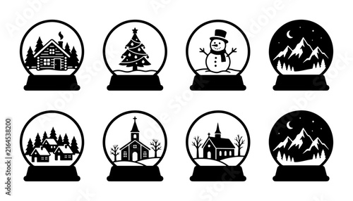 70 Winter Snow Globe Icons Set, Festive Holiday Scenes, Cozy Village & Mountain Landscapes, Black & White Vector Graphics for Christmas and New Year Design 100
