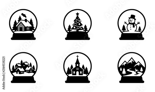 70 Christmas Snow Globe Icons Set, Winter Holiday Scenes Vector Collection, Festive Village and Mountain Landscapes, Black and White Silhouette Graphics 100