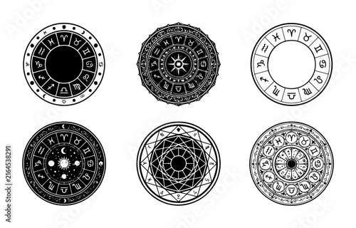 70 Astrology Zodiac Symbols Set, Celestial Mandala Designs, Mystical Cosmic Ornaments, Esoteric Circular Graphics 100