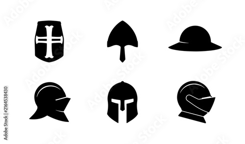 70 Medieval Knight Helmets and Shields Vector Icons Set, Historical Armor Symbols, Crusader and Warrior Headgear Collection, Black Silhouette Graphics 100